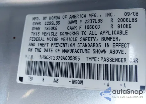 2009 Honda Accord 2.4 Lx-S from USA, damaged, VIN 1HGCS12379A005855
